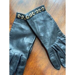 Black Perforated Leather Gloves Gold Chain Link  Vintage  Women's classic